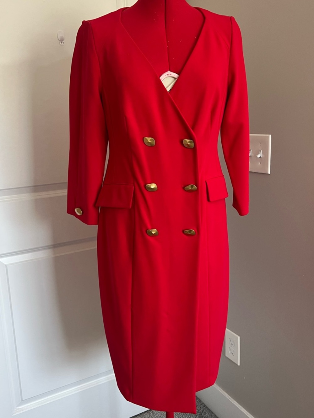 Donna Karan Red Double-Breasted Sheath Dress with Gold Buttons size 2-4
